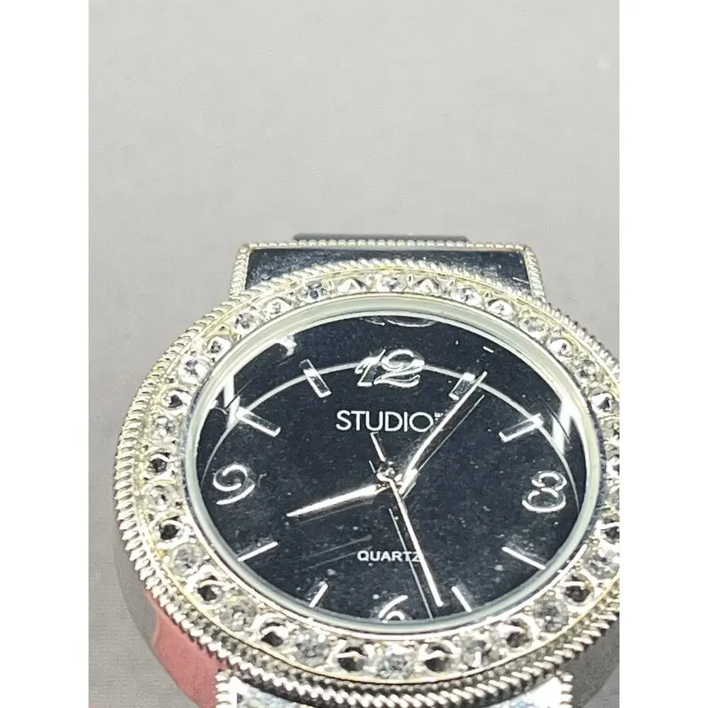 Studio 1 Women’s Rhinestone Bezel Black Dial Cuff Watch AS IS Needs Battery